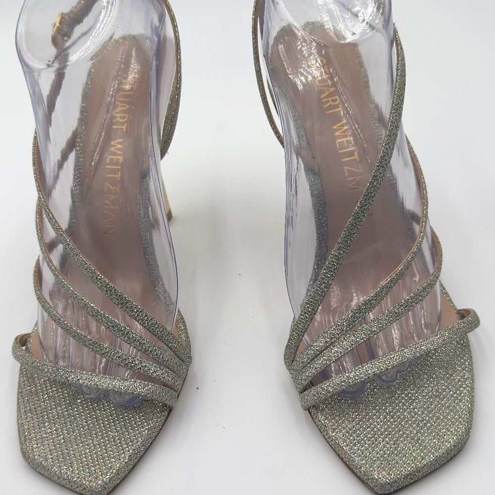 New Stuart Weitzman Melody Gold/Silver Strappy Heels. Sparkling Fabric Size 9.5